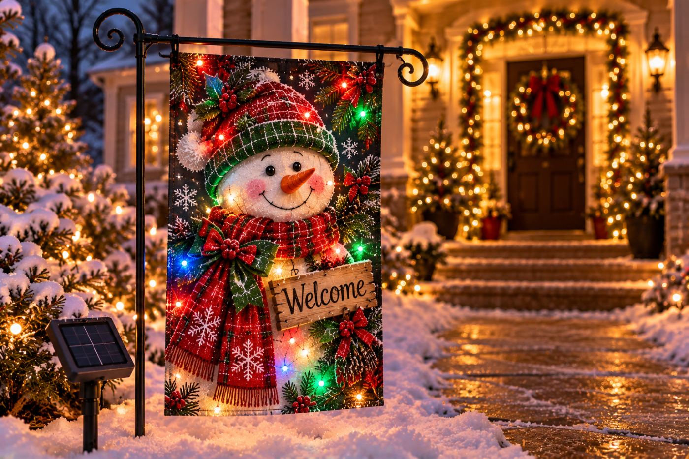 12x18 Lighted Christmas Snowman Garden Flag, Solar Powered