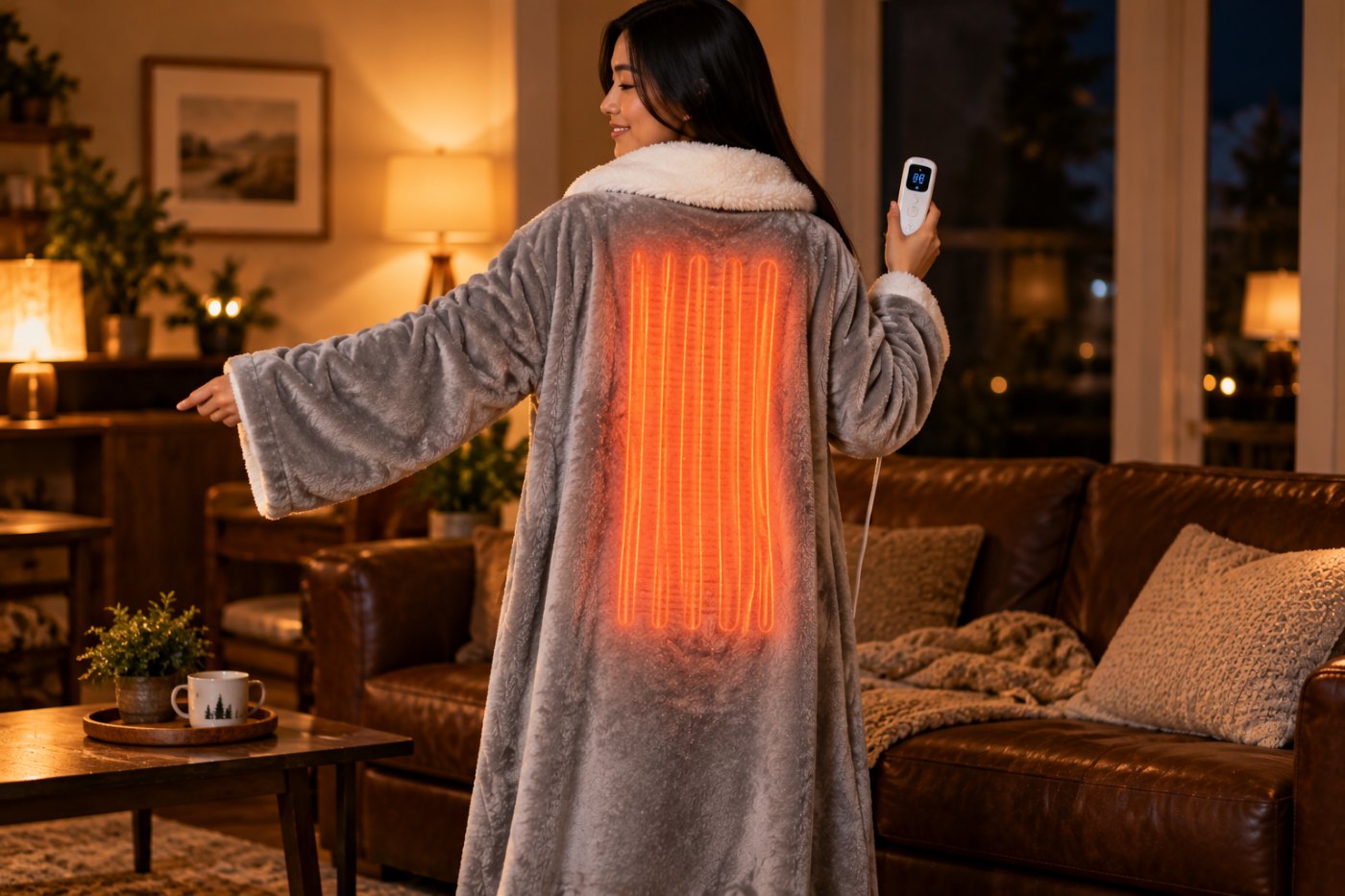 Wearable Heated Blanket Robe with Sleeves and Foot Pocket, Grey Faux Fur & Sherpa